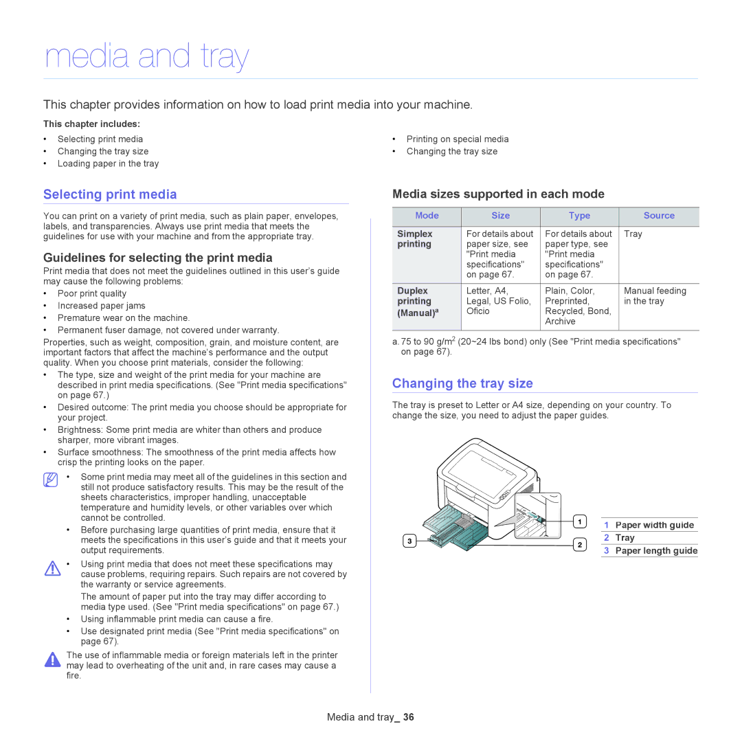 Samsung ML-186XW Media and tray, Selecting print media, Changing the tray size, Guidelines for selecting the print media 