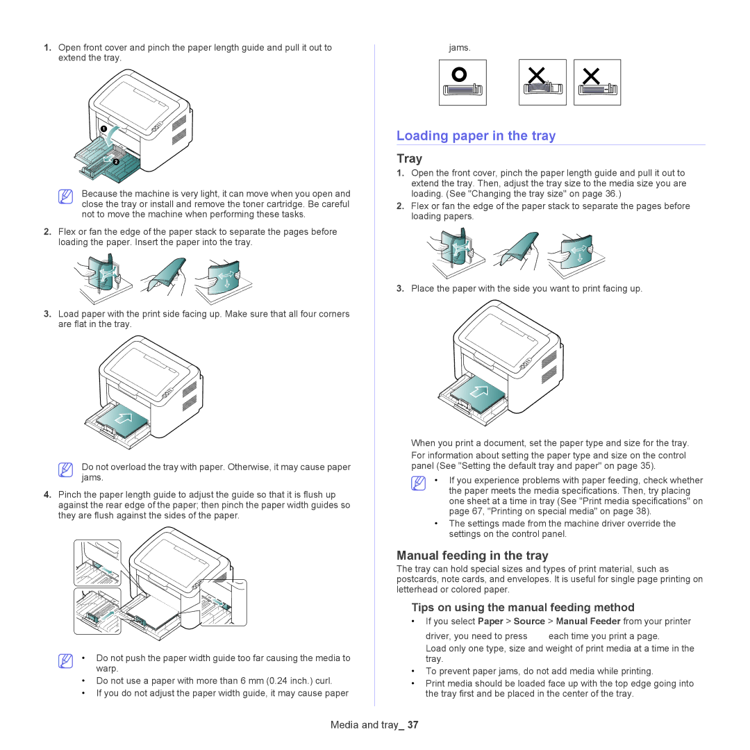 Samsung ML-186XW Loading paper in the tray, Tray, Manual feeding in the tray, Tips on using the manual feeding method 