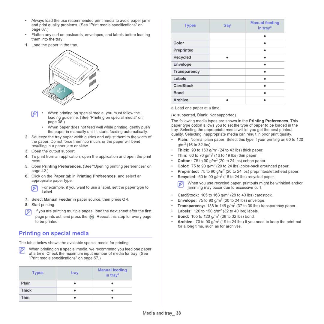 Samsung ML-186XW manual Printing on special media, Types Tray Manual feeding Traya, Plain Thick Thin 