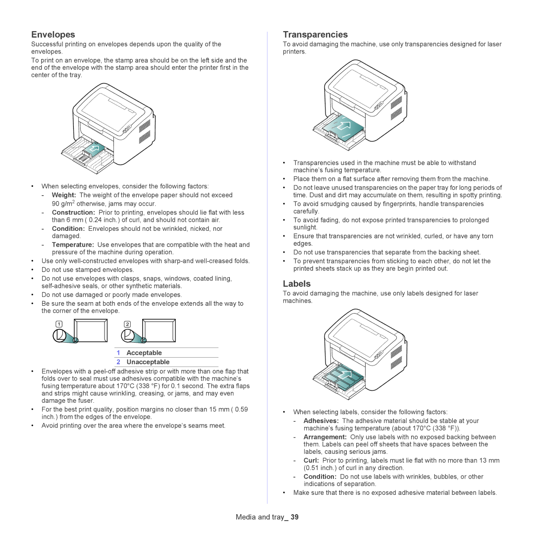 Samsung ML-186XW manual Envelopes, Transparencies, Labels, Acceptable Unacceptable 