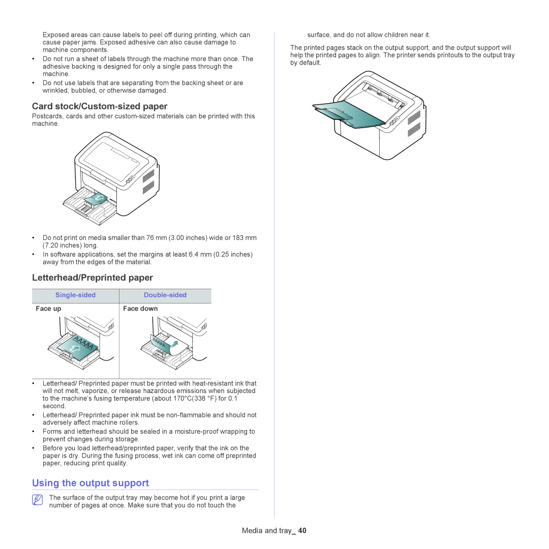 Samsung ML-186XW Using the output support, Card stock/Custom-sized paper, Letterhead/Preprinted paper, Face up Face down 