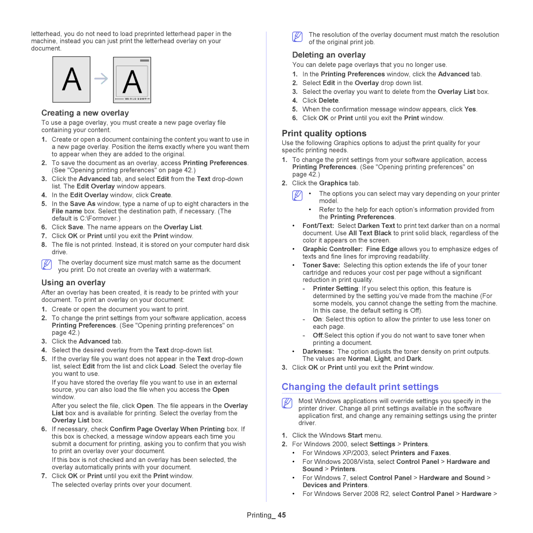 Samsung ML-186XW Changing the default print settings, Print quality options, Creating a new overlay, Using an overlay 