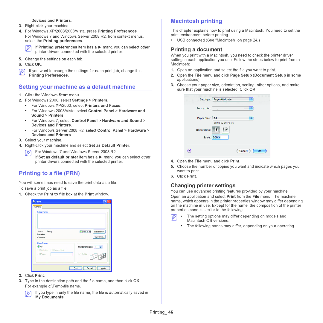 Samsung ML-186XW manual Setting your machine as a default machine, Printing to a file PRN, Macintosh printing 