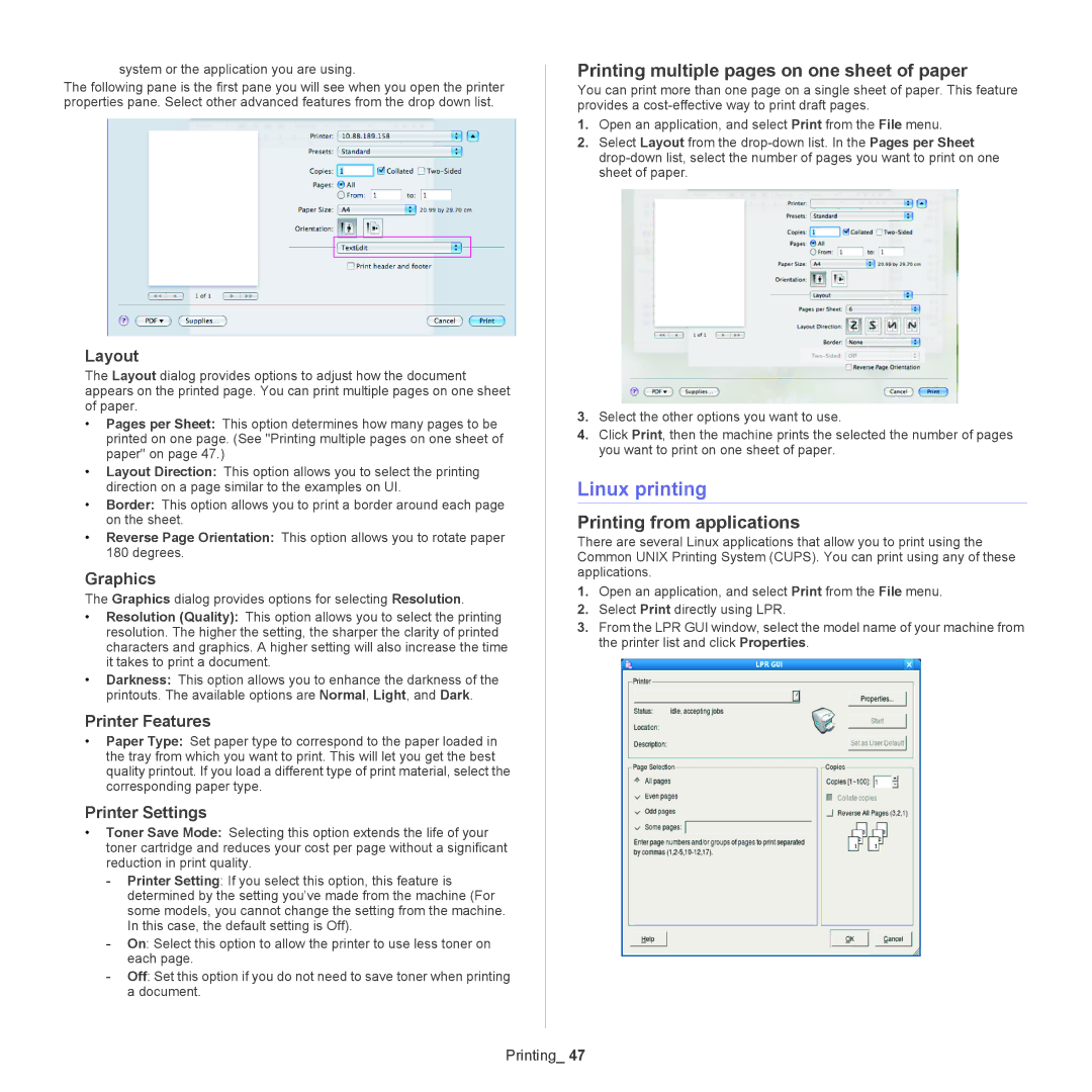 Samsung ML-186XW manual Linux printing, Printing from applications 