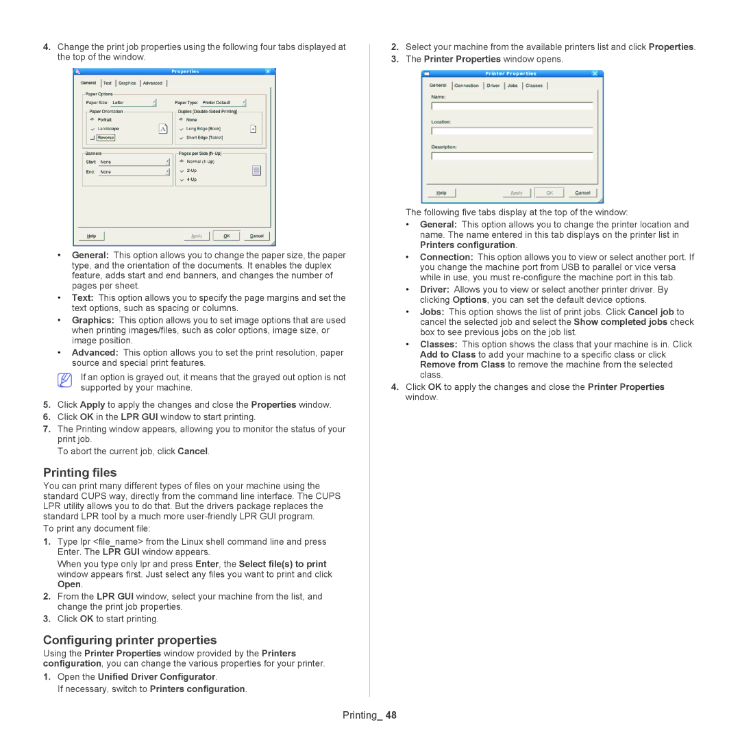 Samsung ML-186XW manual Printing files, Configuring printer properties, Open the Unified Driver Configurator 