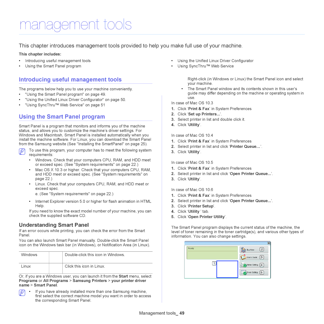 Samsung ML-186XW manual Management tools, Introducing useful management tools, Using the Smart Panel program 