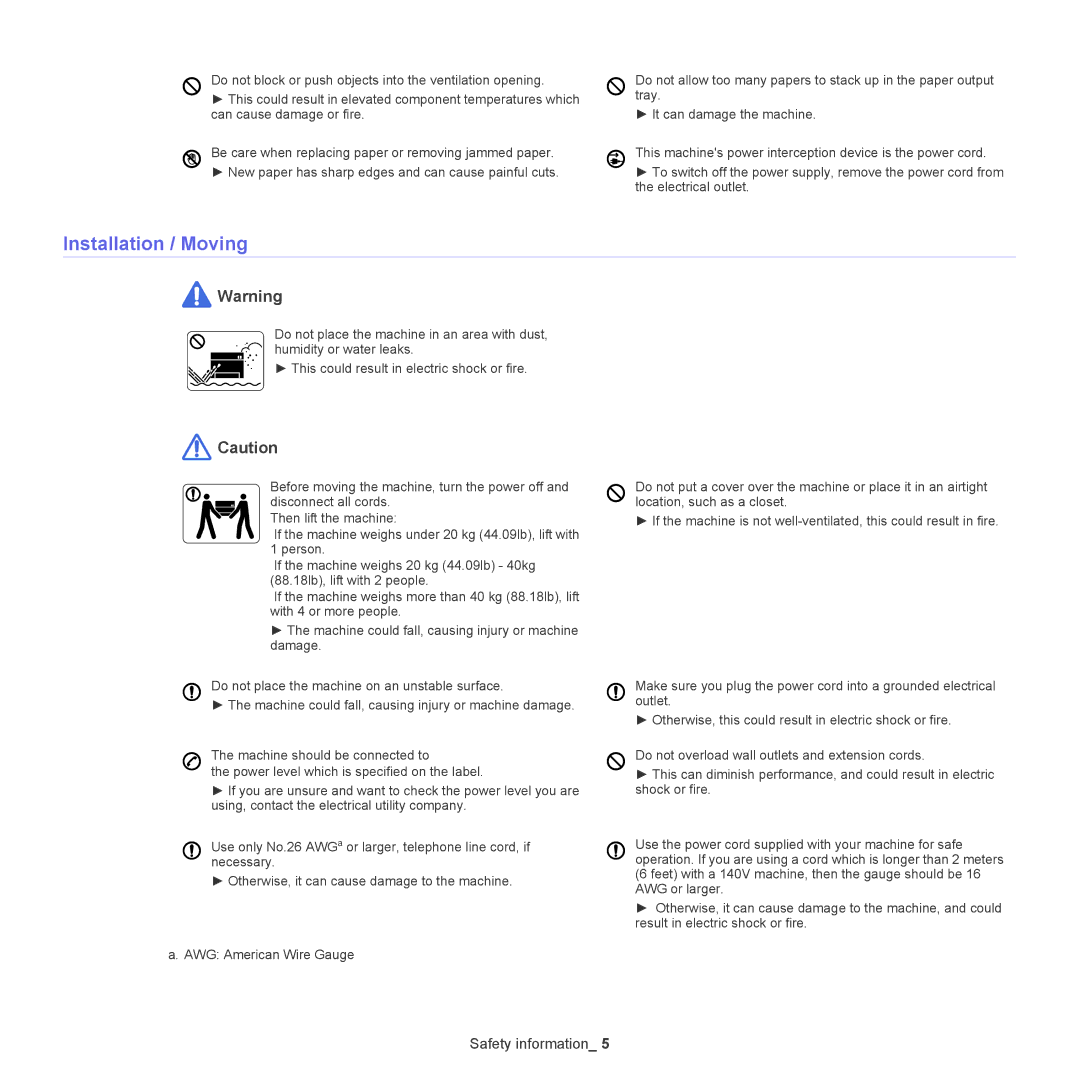 Samsung ML-186XW manual Installation / Moving 