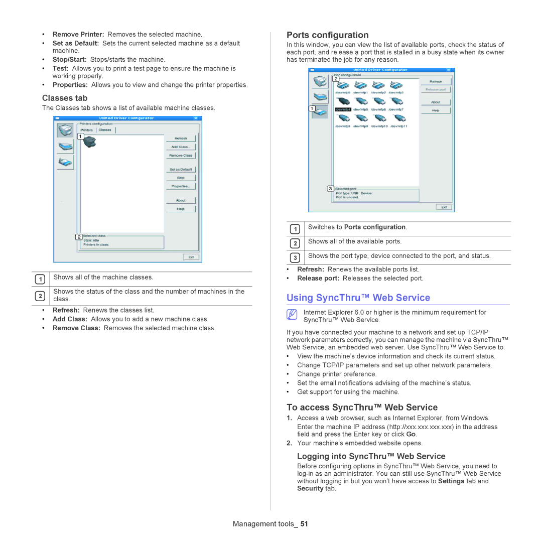 Samsung ML-186XW manual Using SyncThru Web Service, Ports configuration, To access SyncThru Web Service, Classes tab 