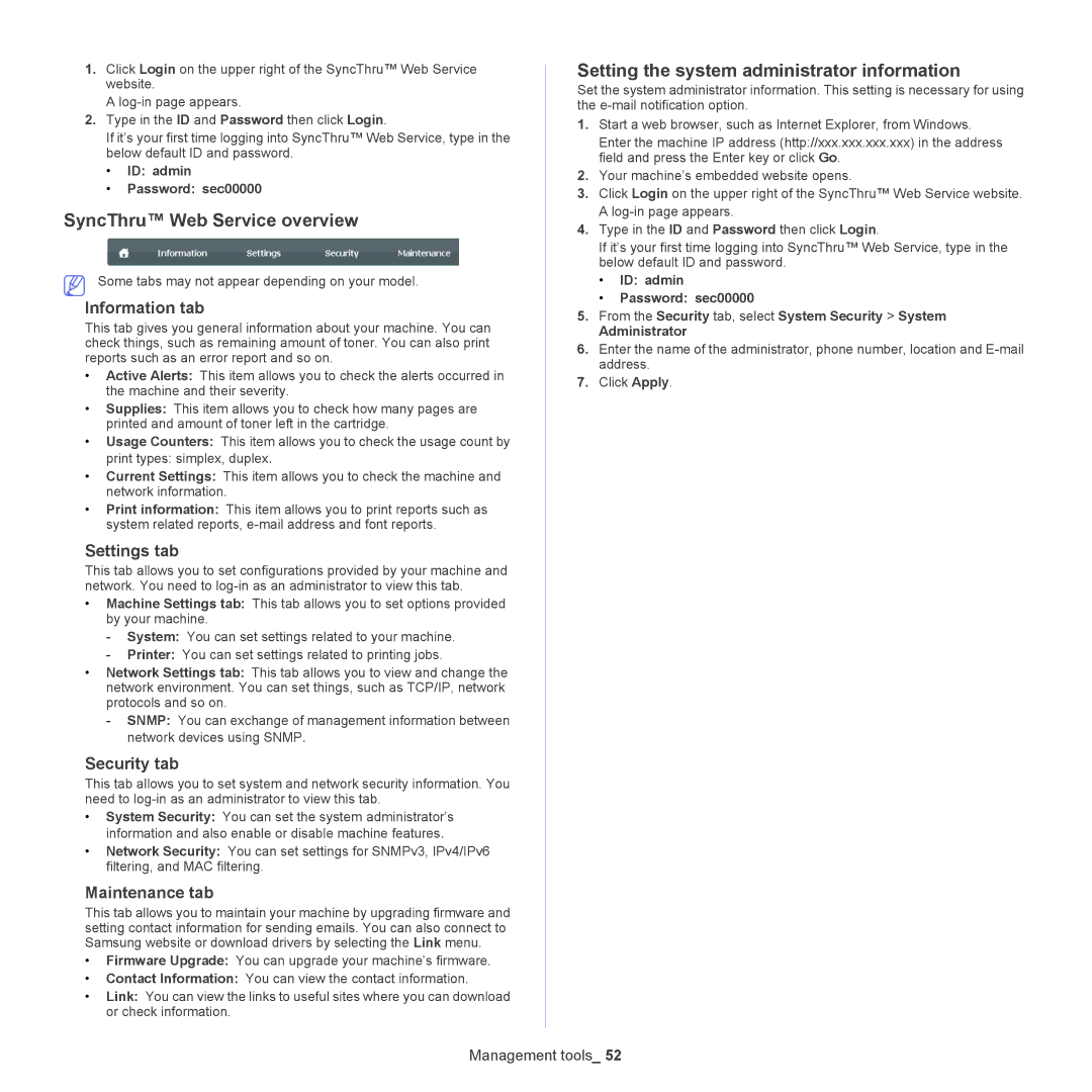 Samsung ML-186XW manual SyncThru Web Service overview, Setting the system administrator information 