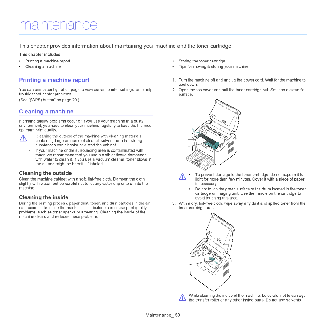 Samsung ML-186XW Maintenance, Printing a machine report, Cleaning a machine, Cleaning the outside, Cleaning the inside 