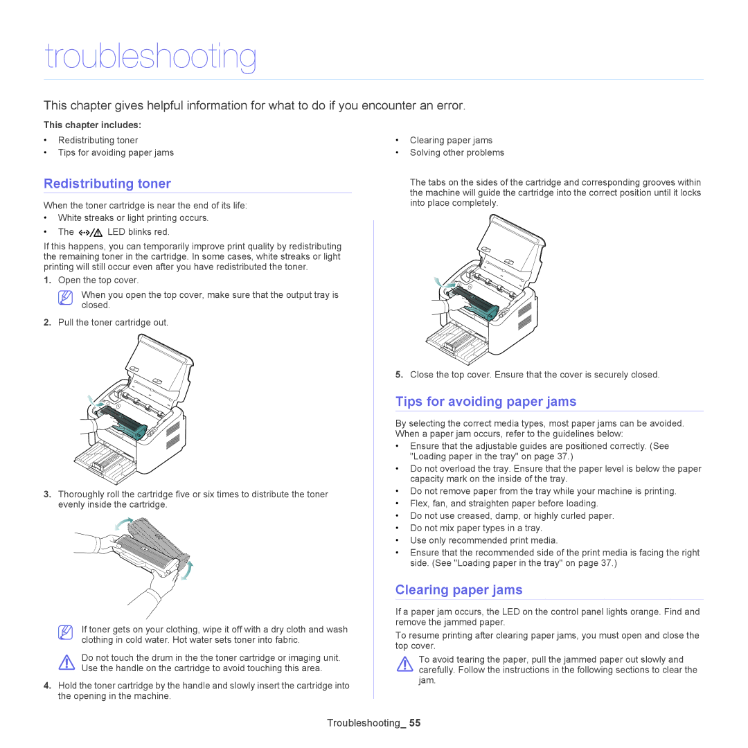 Samsung ML-186XW manual Troubleshooting, Redistributing toner, Tips for avoiding paper jams, Clearing paper jams 