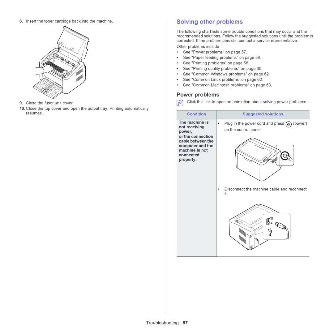 Samsung ML-186XW manual Solving other problems, Power problems, Condition Suggested solutions 