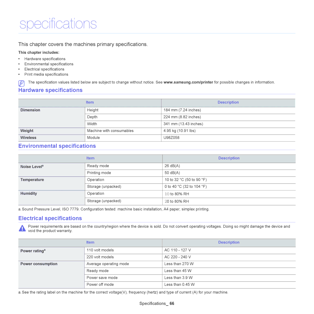 Samsung ML-186XW manual Specifications, Hardware specifications, Environmental specifications, Electrical specifications 