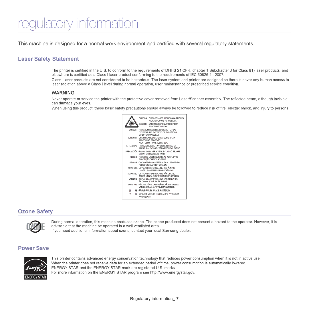 Samsung ML-186XW manual Regulatory information, Laser Safety Statement, Ozone Safety, Power Save 