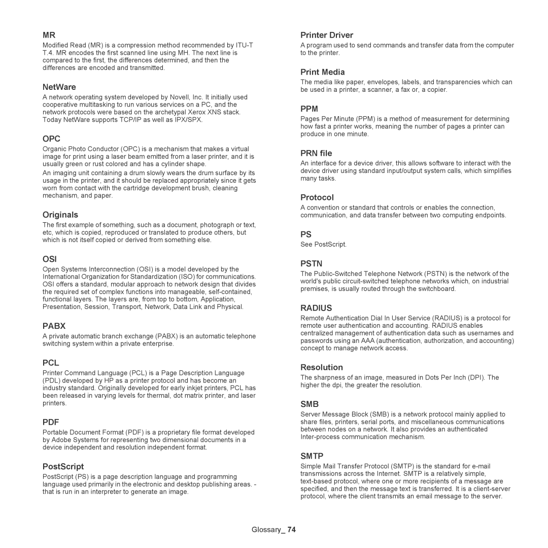 Samsung ML-186XW manual NetWare, Originals, PostScript, Printer Driver, Print Media, PRN file, Protocol, Resolution 