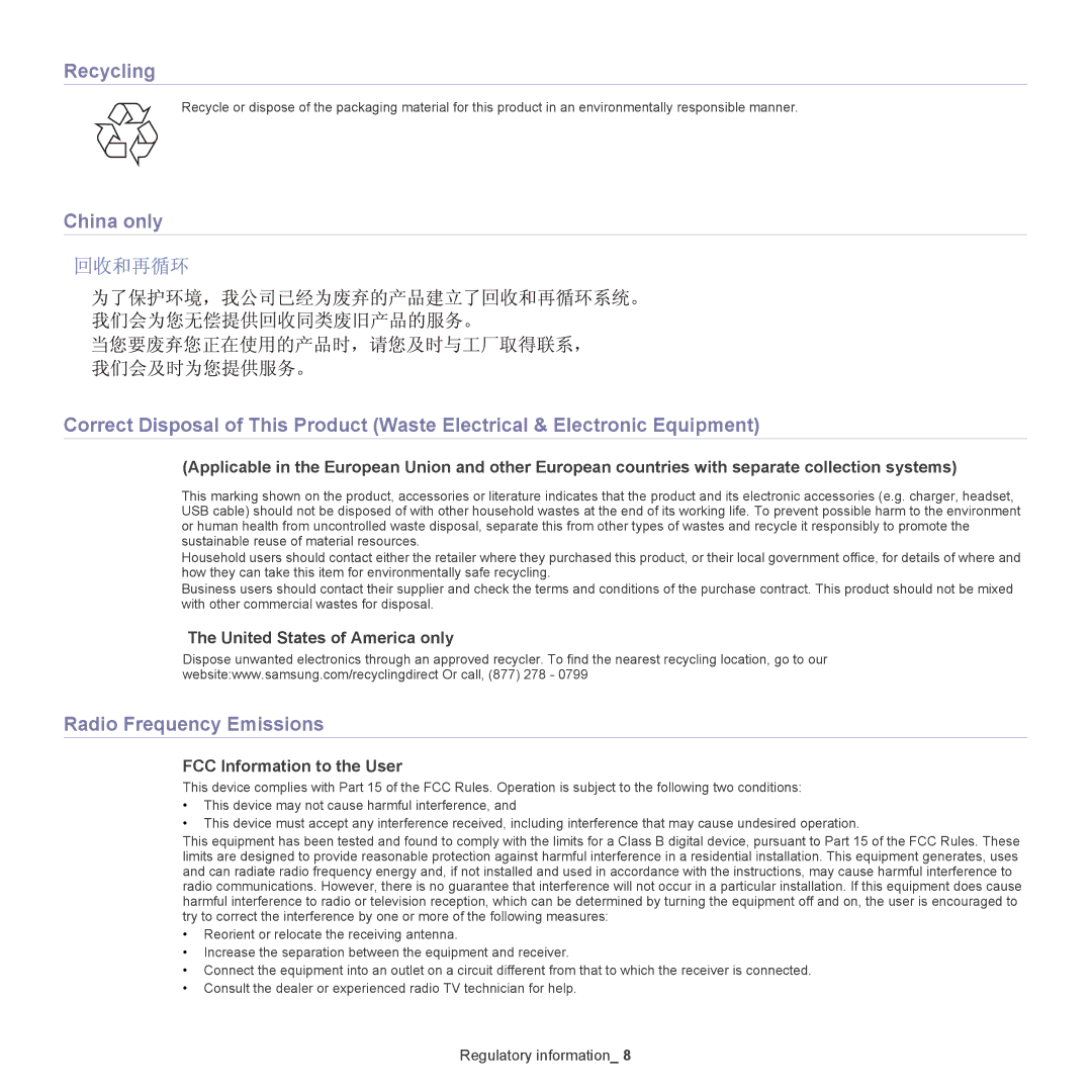 Samsung ML-186XW manual Recycling, Radio Frequency Emissions, United States of America only, FCC Information to the User 