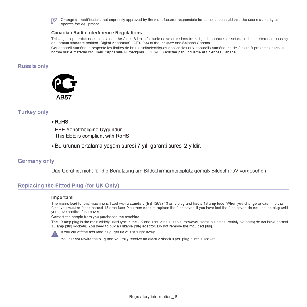 Samsung ML-186XW manual Canadian Radio Interference Regulations 