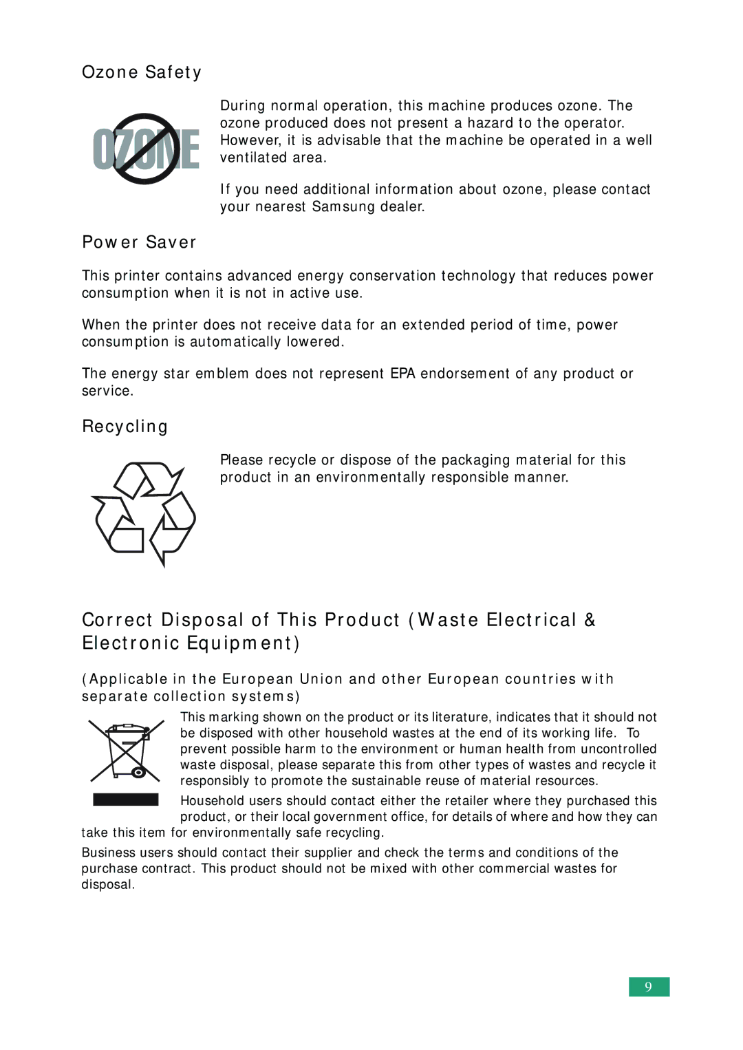 Samsung ML-2010 Series manual Ozone Safety 