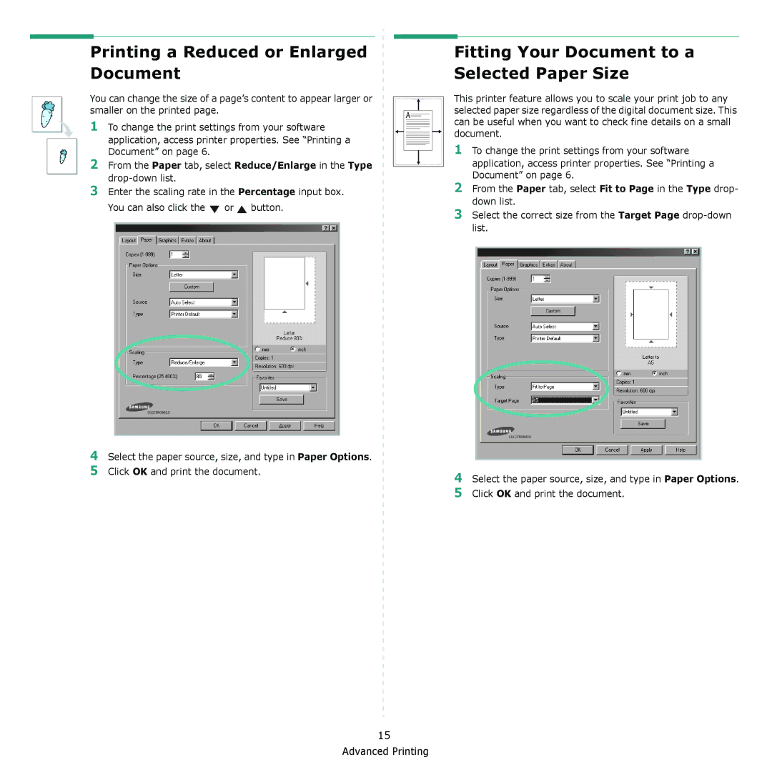 Samsung ML-2010 Series manual Printing a Reduced or Enlarged Document, Fitting Your Document to a Selected Paper Size 