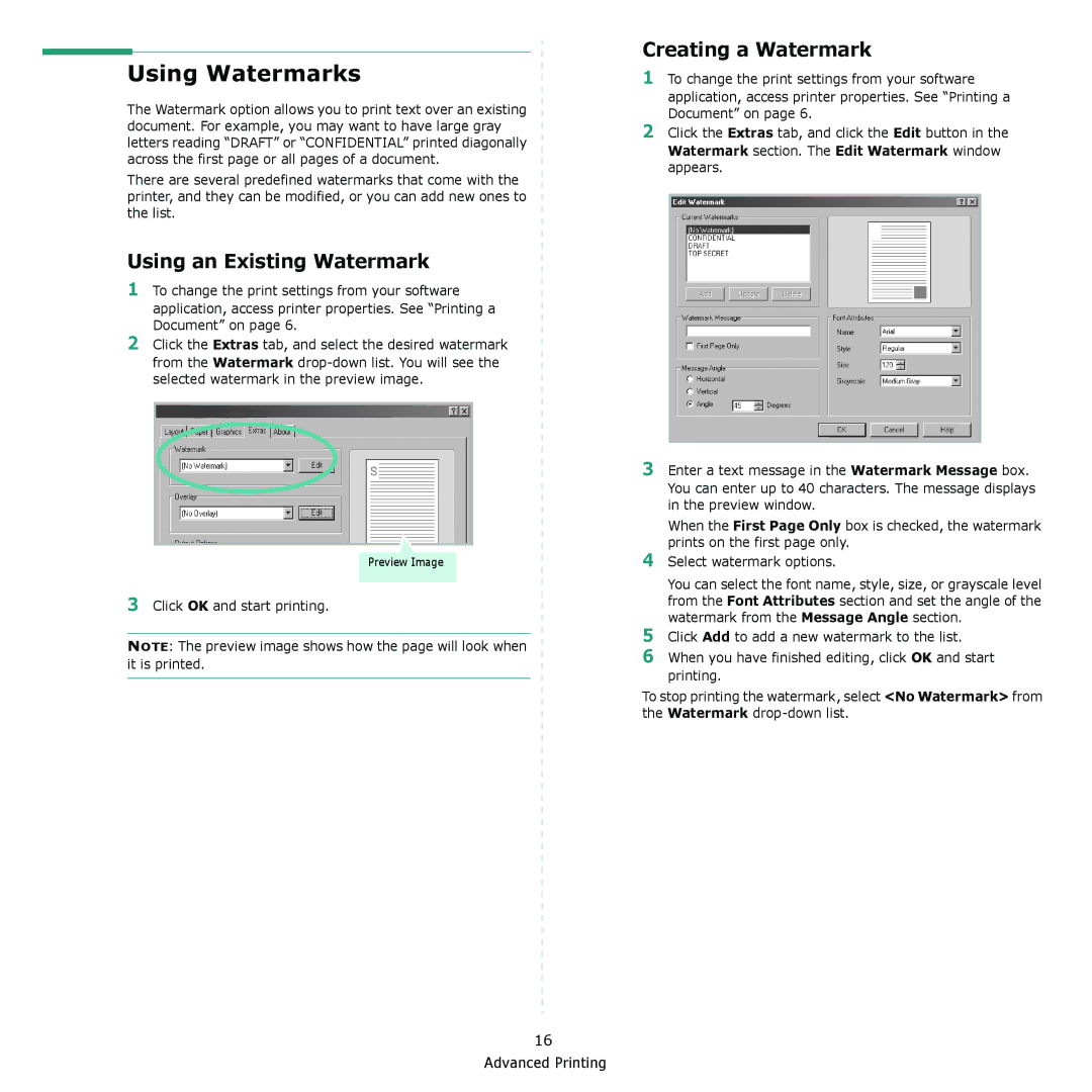 Samsung ML-2010 Series manual Using Watermarks, Using an Existing Watermark, Creating a Watermark 