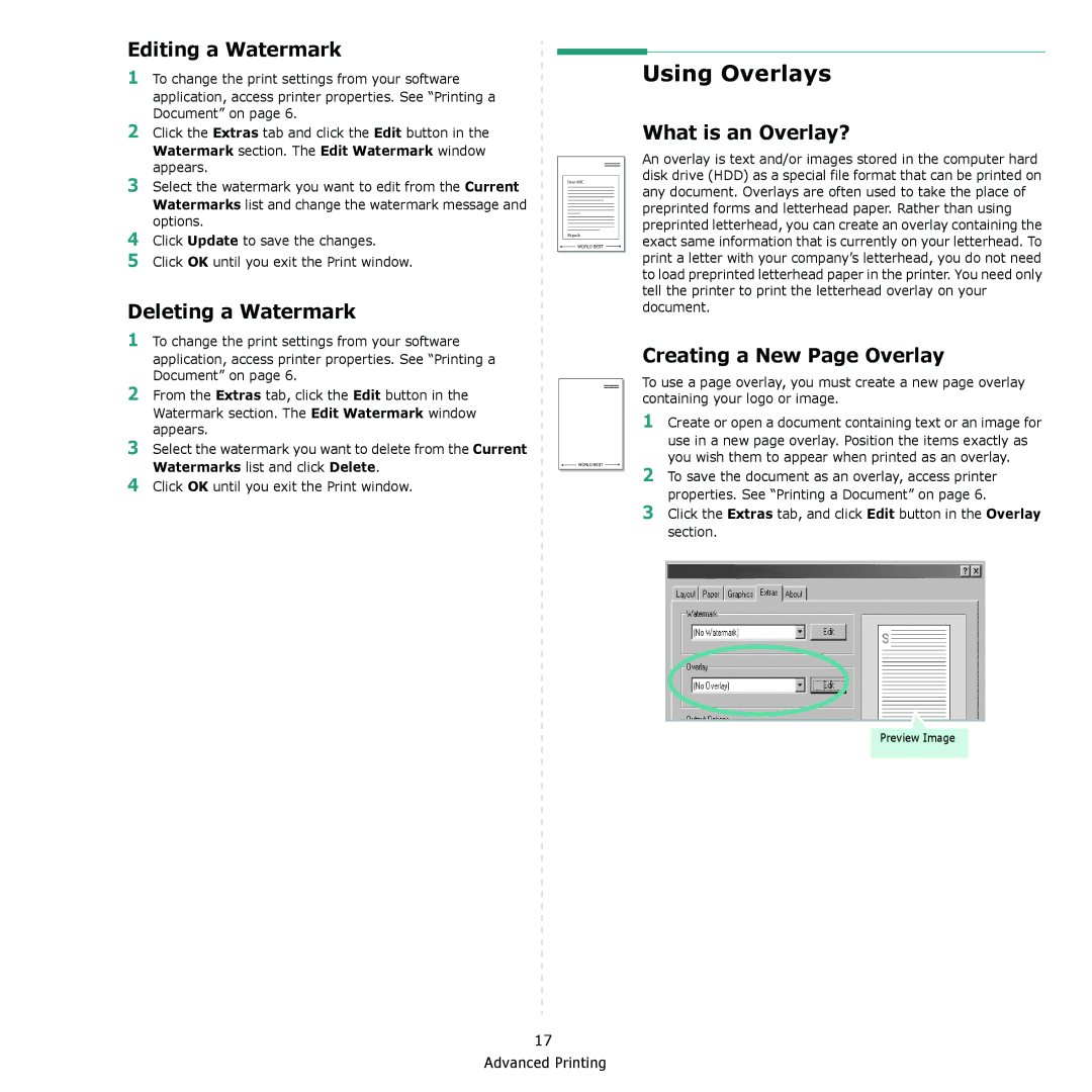 Samsung ML-2010 Series manual Using Overlays, Editing a Watermark, Deleting a Watermark, What is an Overlay? 