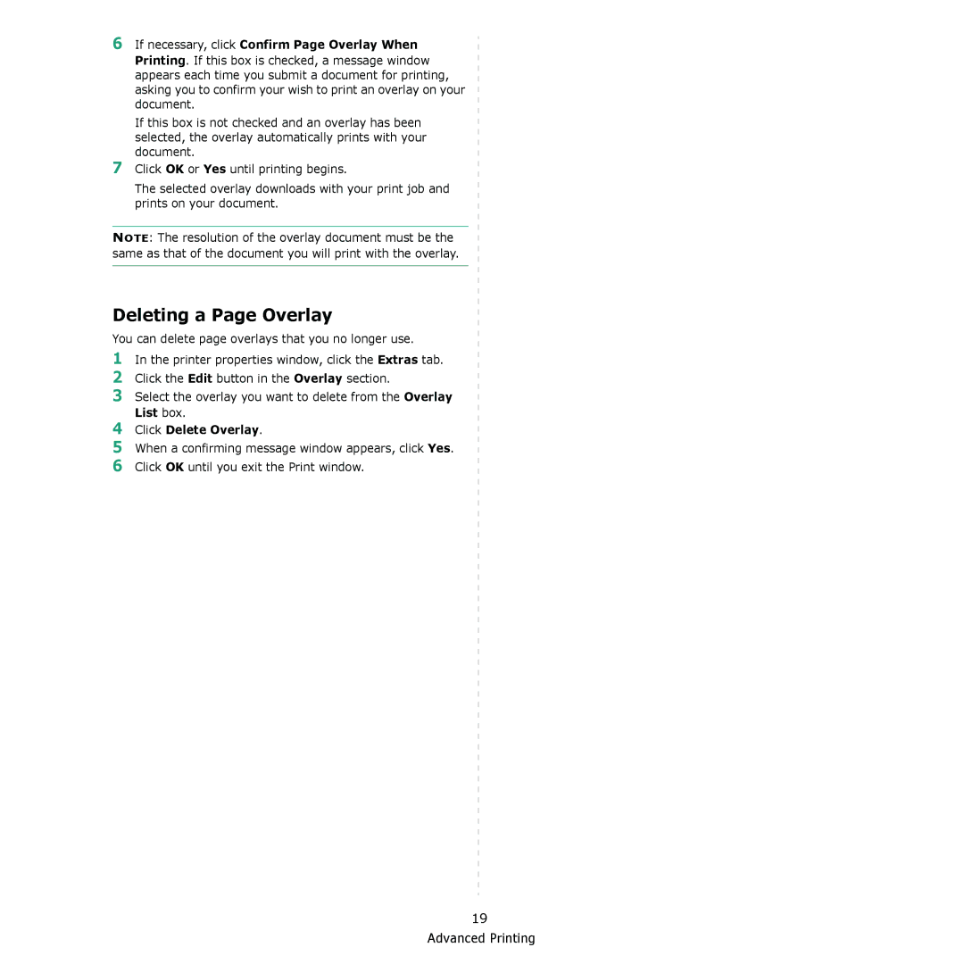 Samsung ML-2010 Series manual Deleting a Page Overlay, If necessary, click Confirm Page Overlay When 