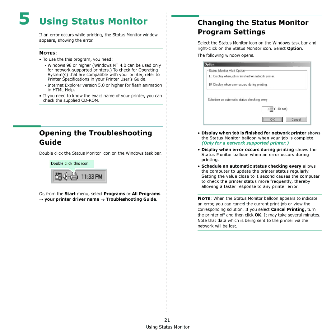 Samsung ML-2010 Series manual Opening the Troubleshooting Guide, Changing the Status Monitor Program Settings 