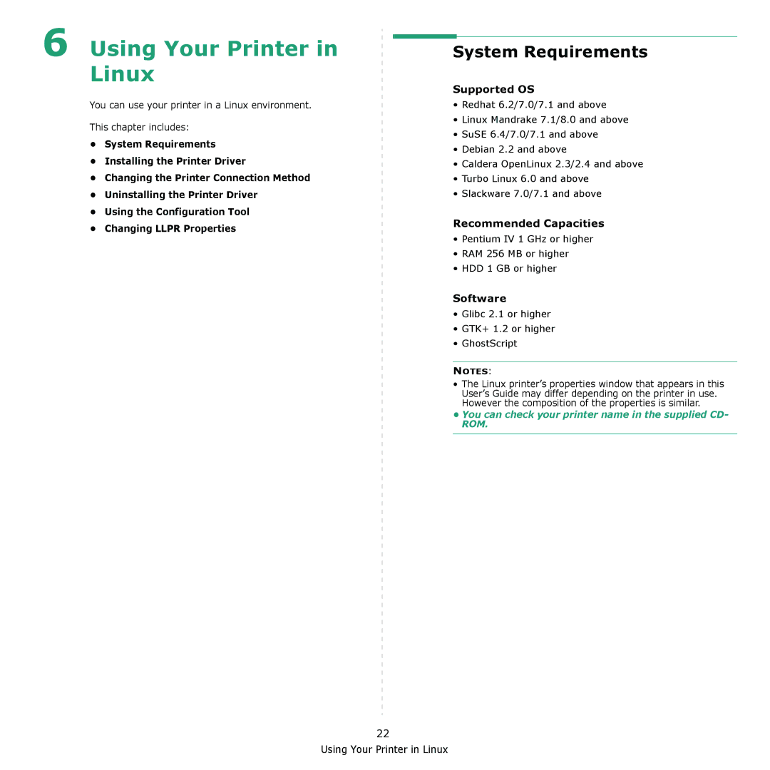 Samsung ML-2010 Series System Requirements, Supported OS, Recommended Capacities, Software, Using Your Printer in Linux 