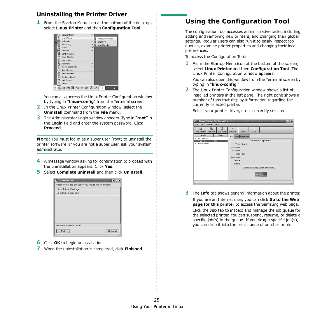 Samsung ML-2010 Series manual Using the Configuration Tool, Uninstalling the Printer Driver 