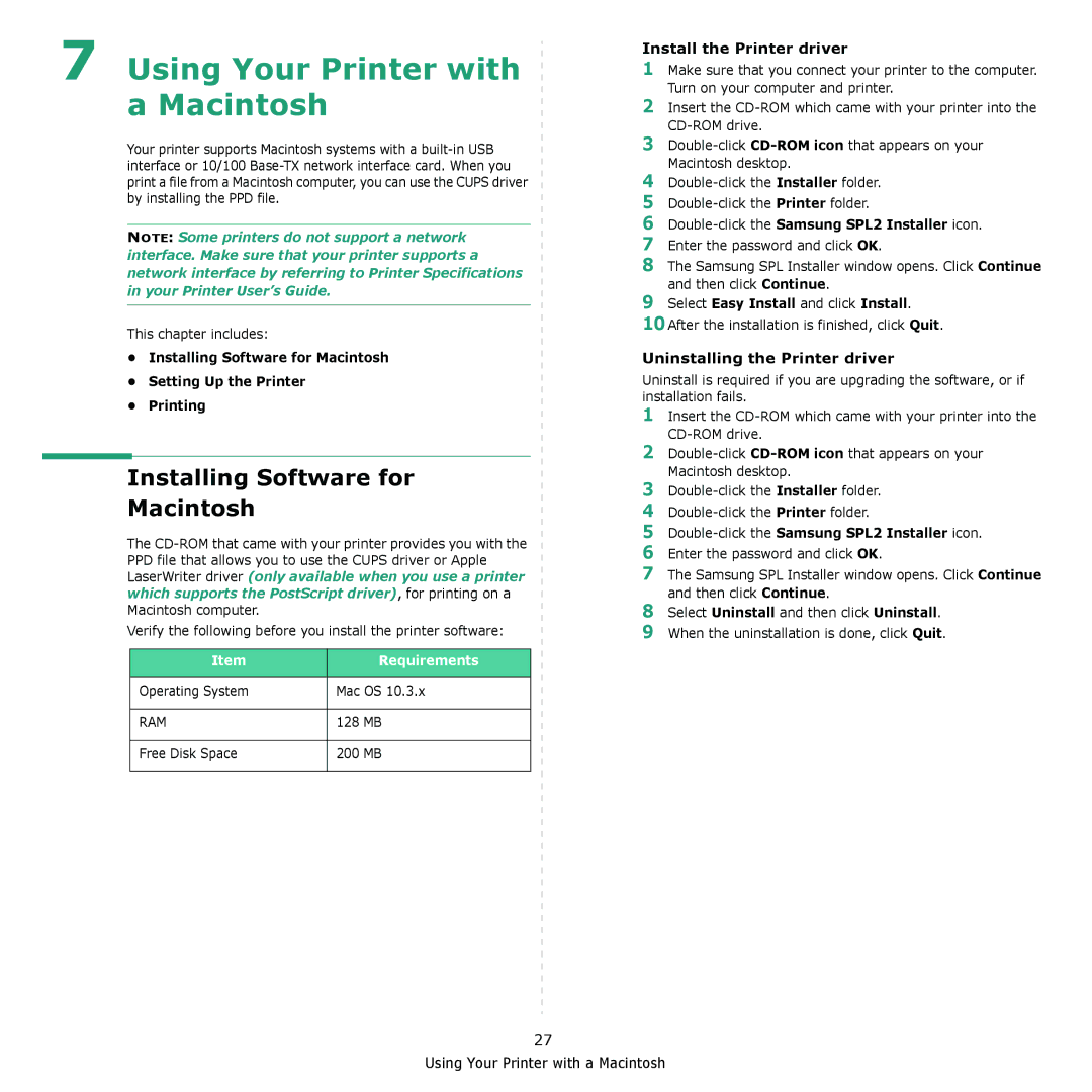 Samsung ML-2010 Series Installing Software for Macintosh, Install the Printer driver, Uninstalling the Printer driver 