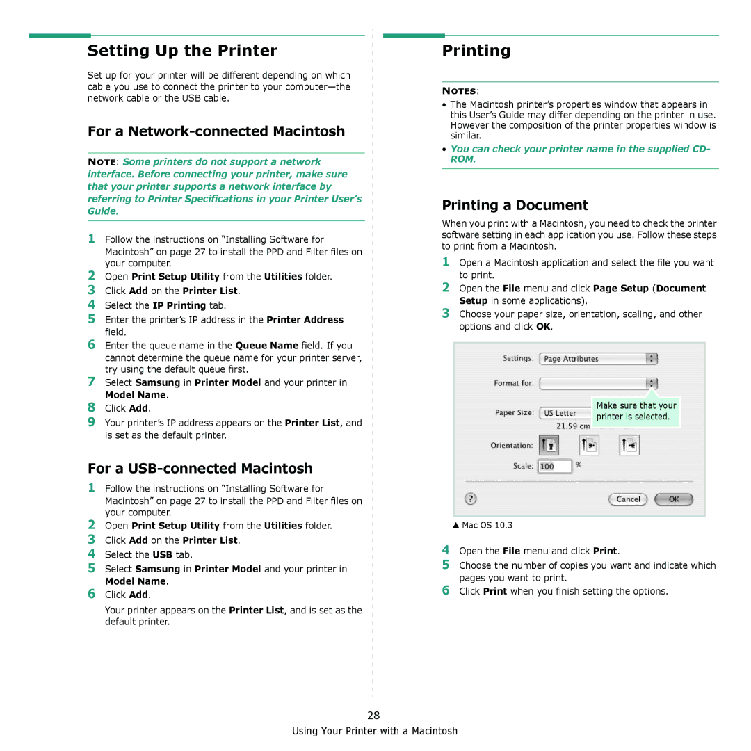 Samsung ML-2010 Series Setting Up the Printer, Printing, For a Network-connected Macintosh, For a USB-connected Macintosh 