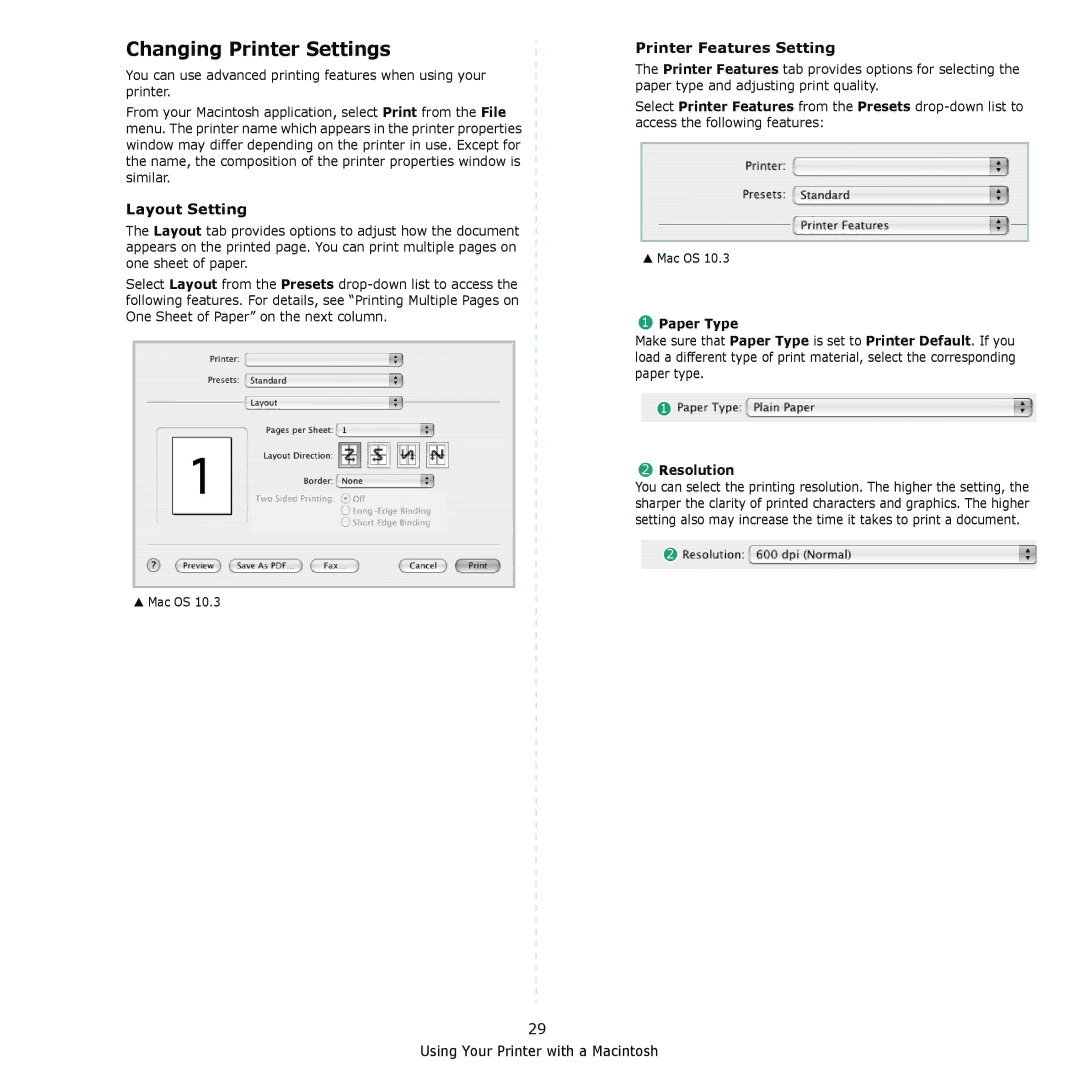 Samsung ML-2010 Series manual Changing Printer Settings, Layout Setting, Printer Features Setting, Paper Type 