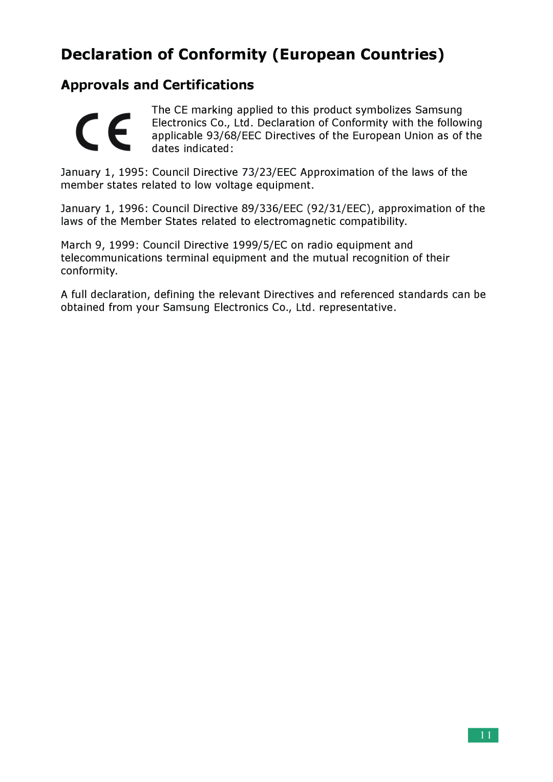 Samsung ML-2010 Series manual Declaration of Conformity European Countries 