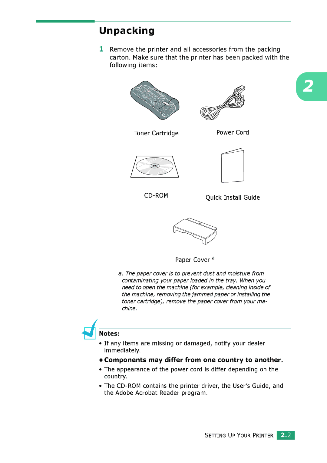 Samsung ML-2010 Series manual Unpacking, Paper Cover a, Components may differ from one country to another 