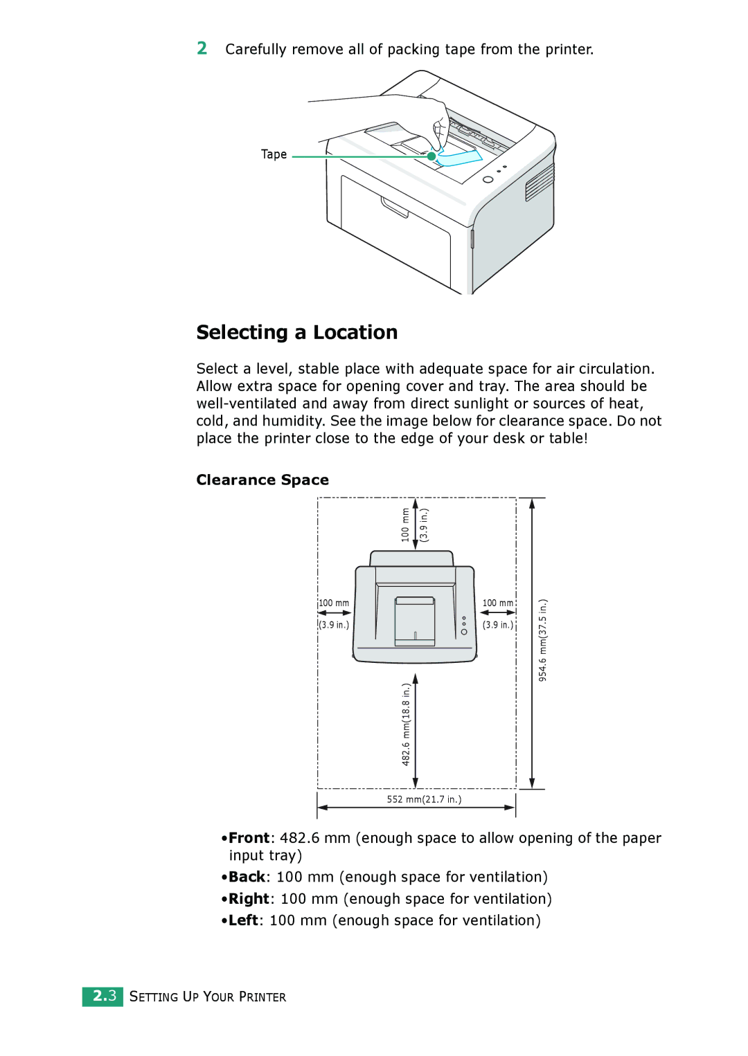 Samsung ML-2010 Series manual Selecting a Location, Carefully remove all of packing tape from the printer, Clearance Space 