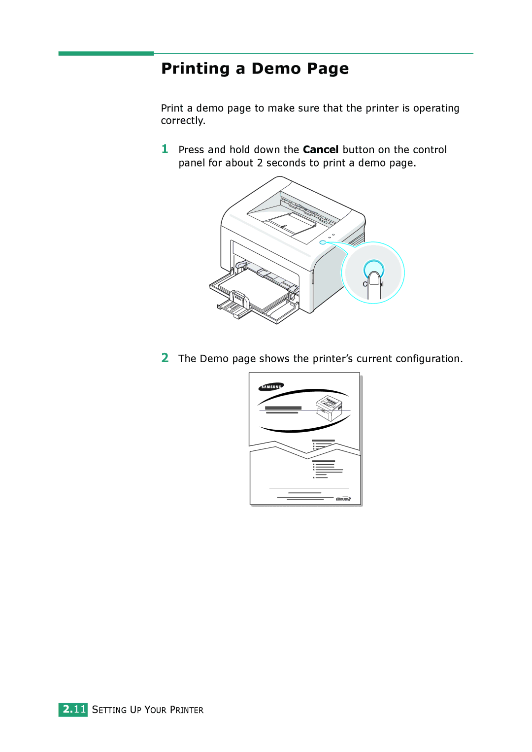 Samsung ML-2010 Series manual Printing a Demo, Demo page shows the printer’s current configuration 