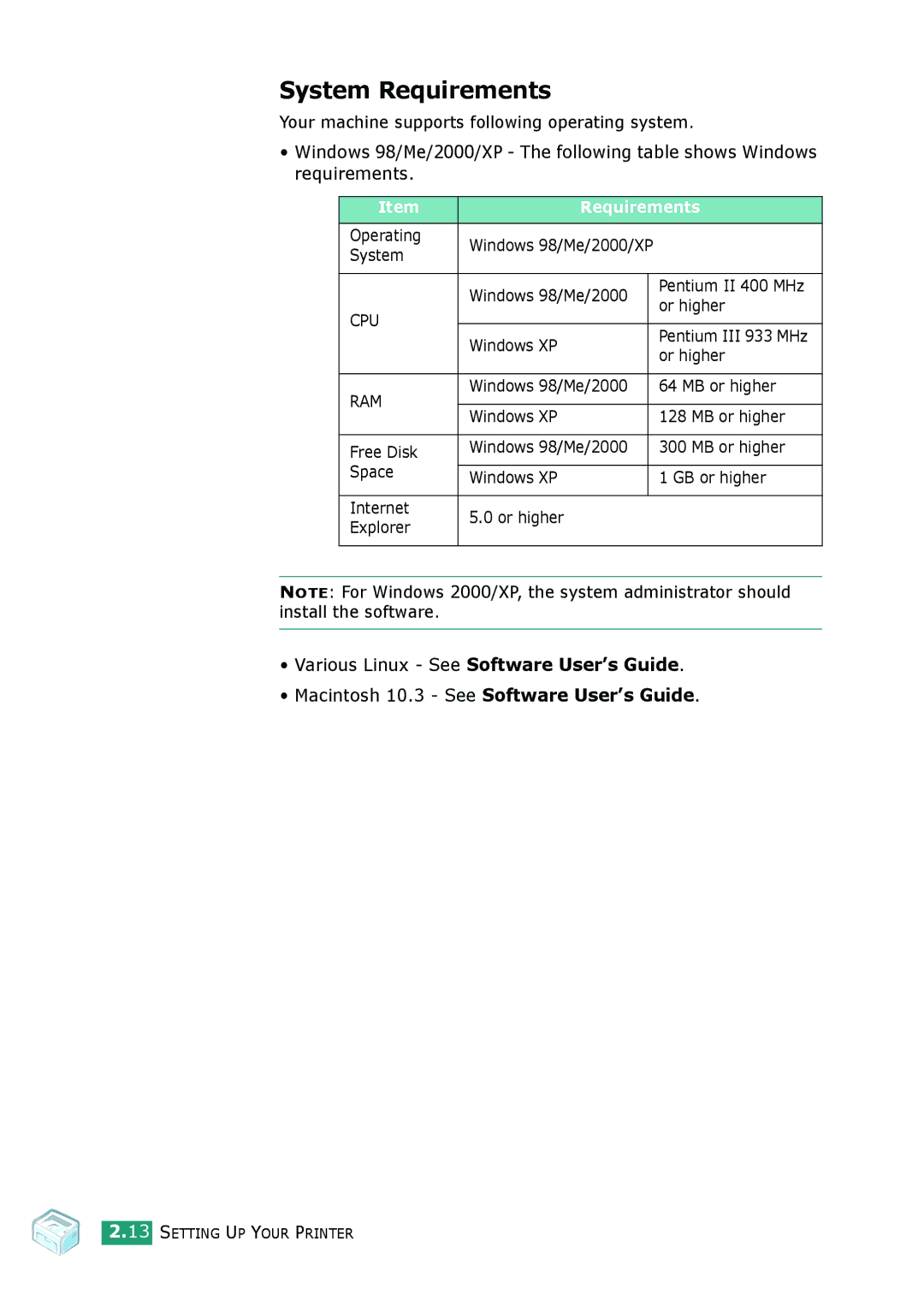 Samsung ML-2010 Series manual System Requirements 