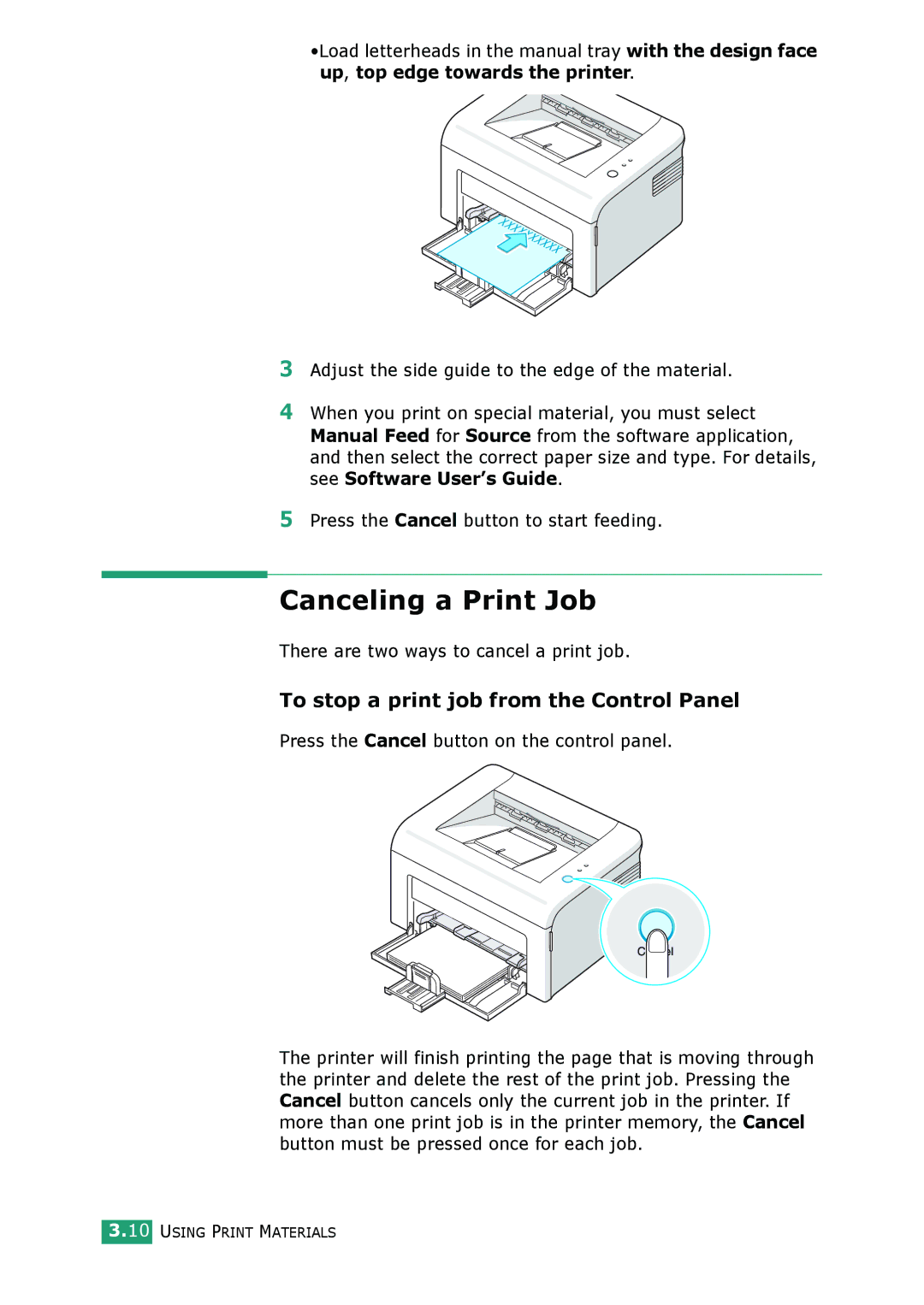 Samsung ML-2010 Series Canceling a Print Job, Load letterheads in the manual tray with the design face 