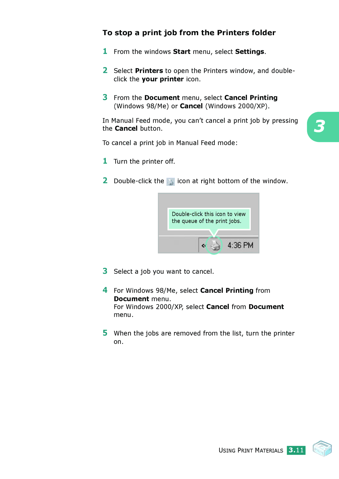 Samsung ML-2010 Series manual To stop a print job from the Printers folder, Cancel button 