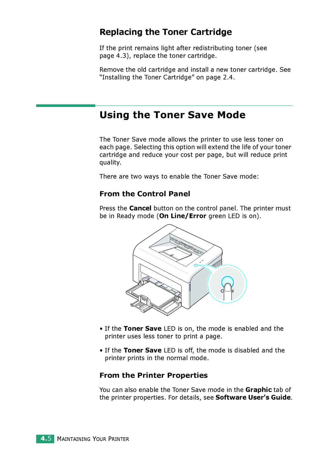 Samsung ML-2010 Series manual Using the Toner Save Mode, Replacing the Toner Cartridge 