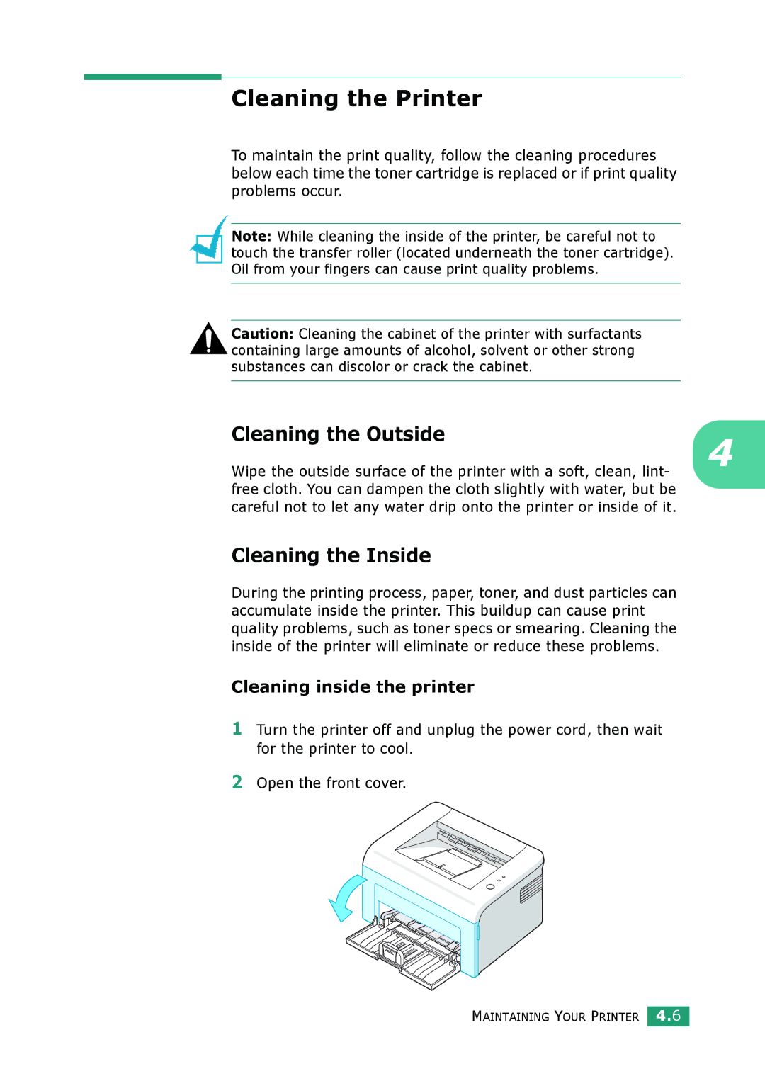 Samsung ML-2010 Series manual Cleaning the Printer, Cleaning the Outside, Cleaning the Inside 