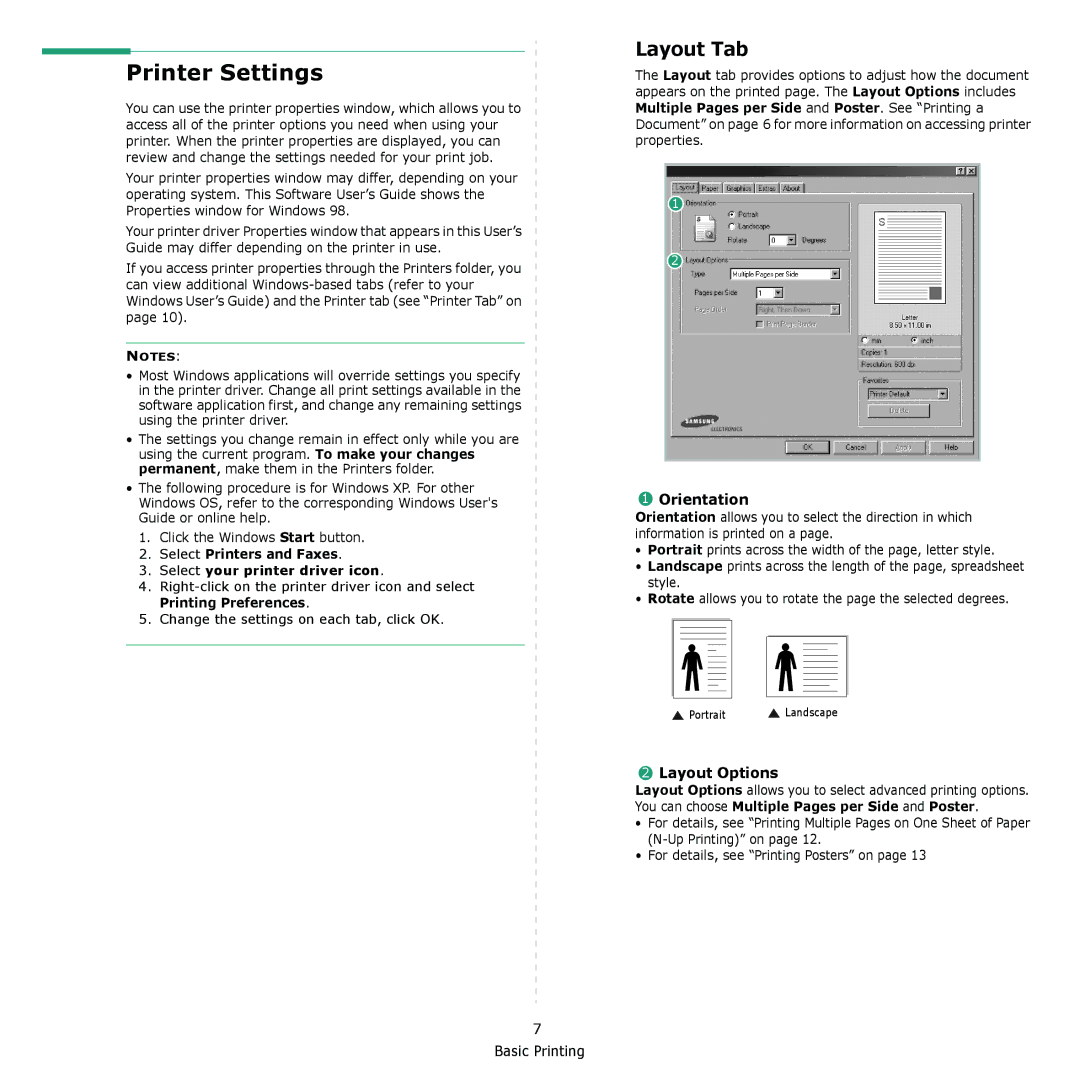 Samsung ML-2010 Series manual Printer Settings, Layout Tab, Orientation, Layout Options 