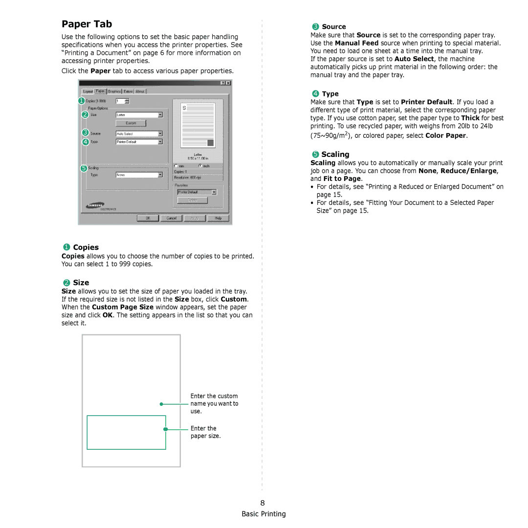 Samsung ML-2010 Series manual Paper Tab, Copies, Size, Scaling 