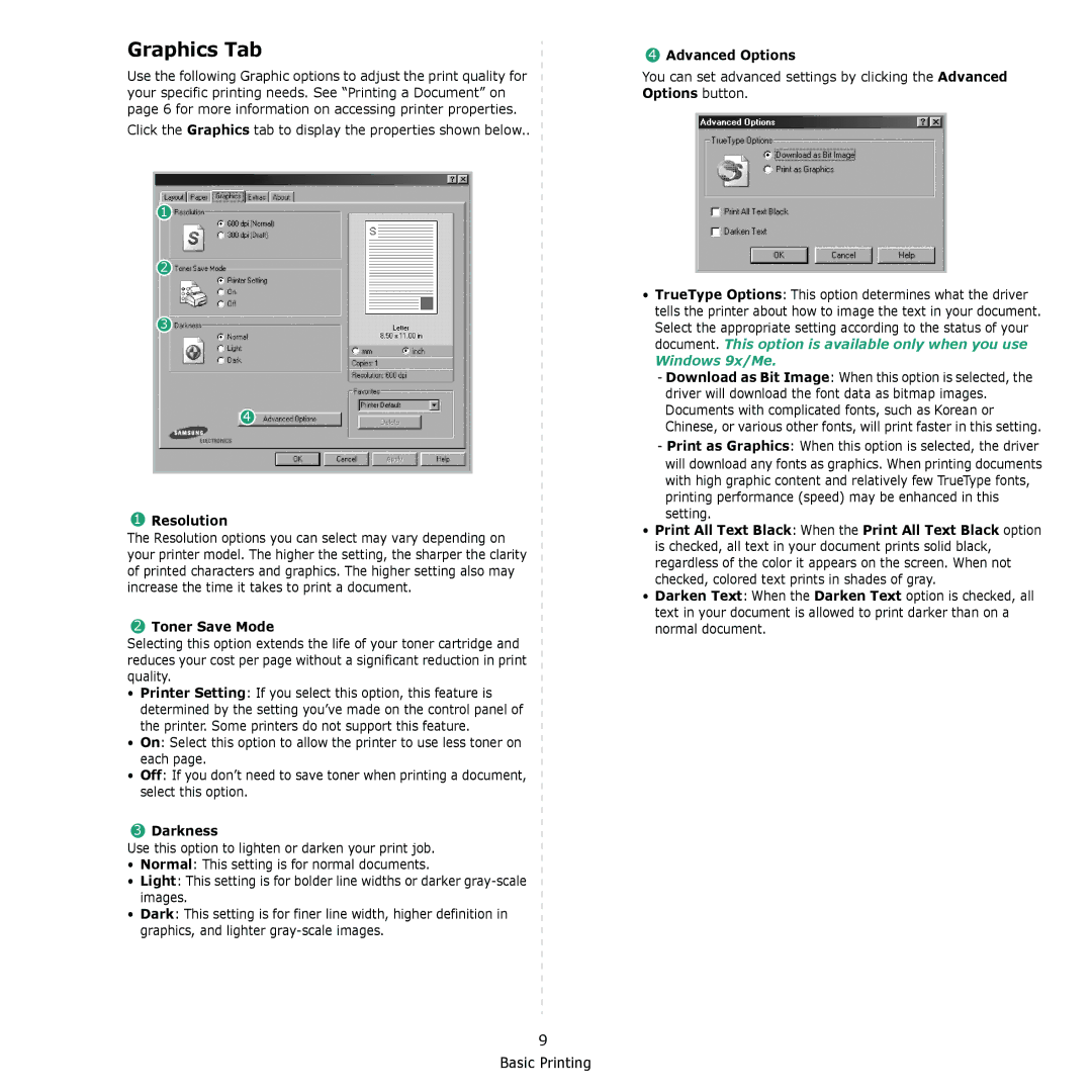 Samsung ML-2010 Series manual Graphics Tab, Resolution, Toner Save Mode, Darkness, Advanced Options 