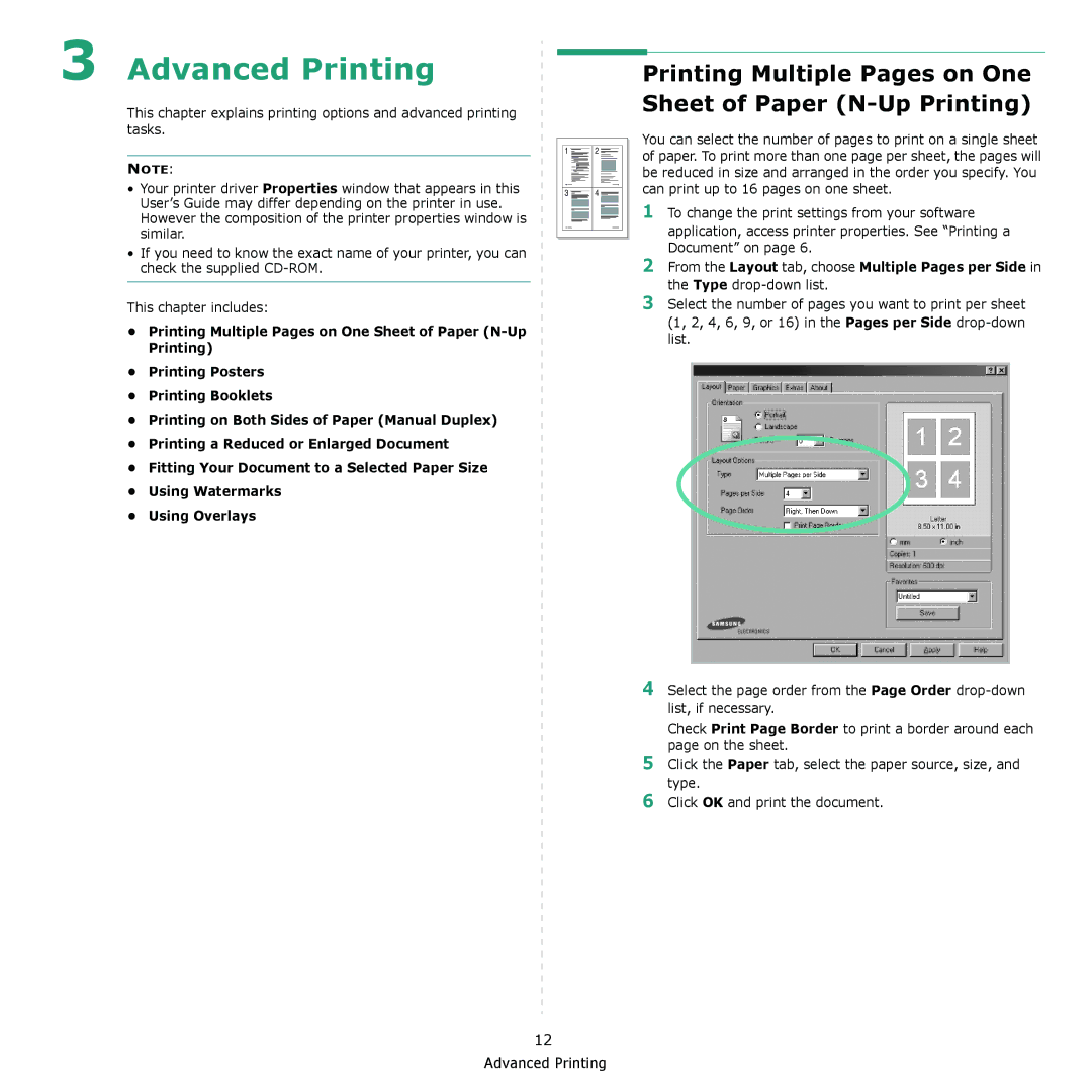 Samsung ML-2010 Series manual Advanced Printing, Printing Multiple Pages on One Sheet of Paper N-Up Printing 