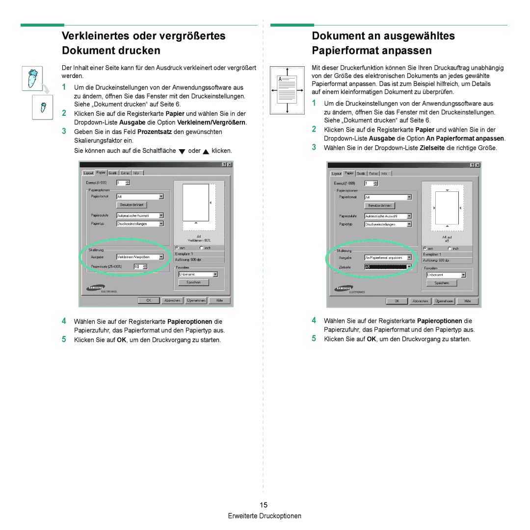 Samsung ML-2010 Series Verkleinertes oder vergrößertes Dokument drucken, Dokument an ausgewähltes Papierformat anpassen 