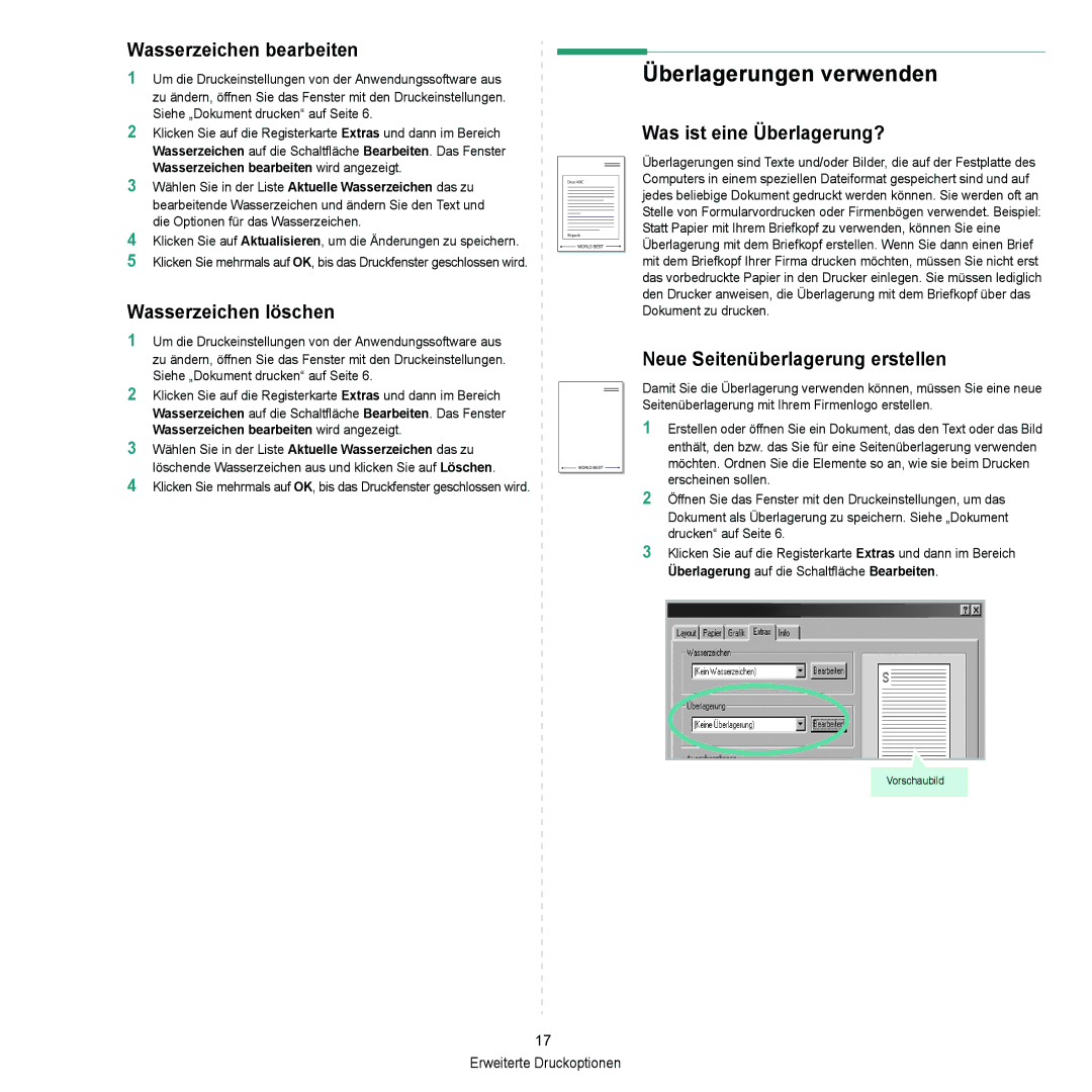 Samsung ML-2010 Series manual Überlagerungen verwenden, Wasserzeichen bearbeiten, Was ist eine Überlagerung? 