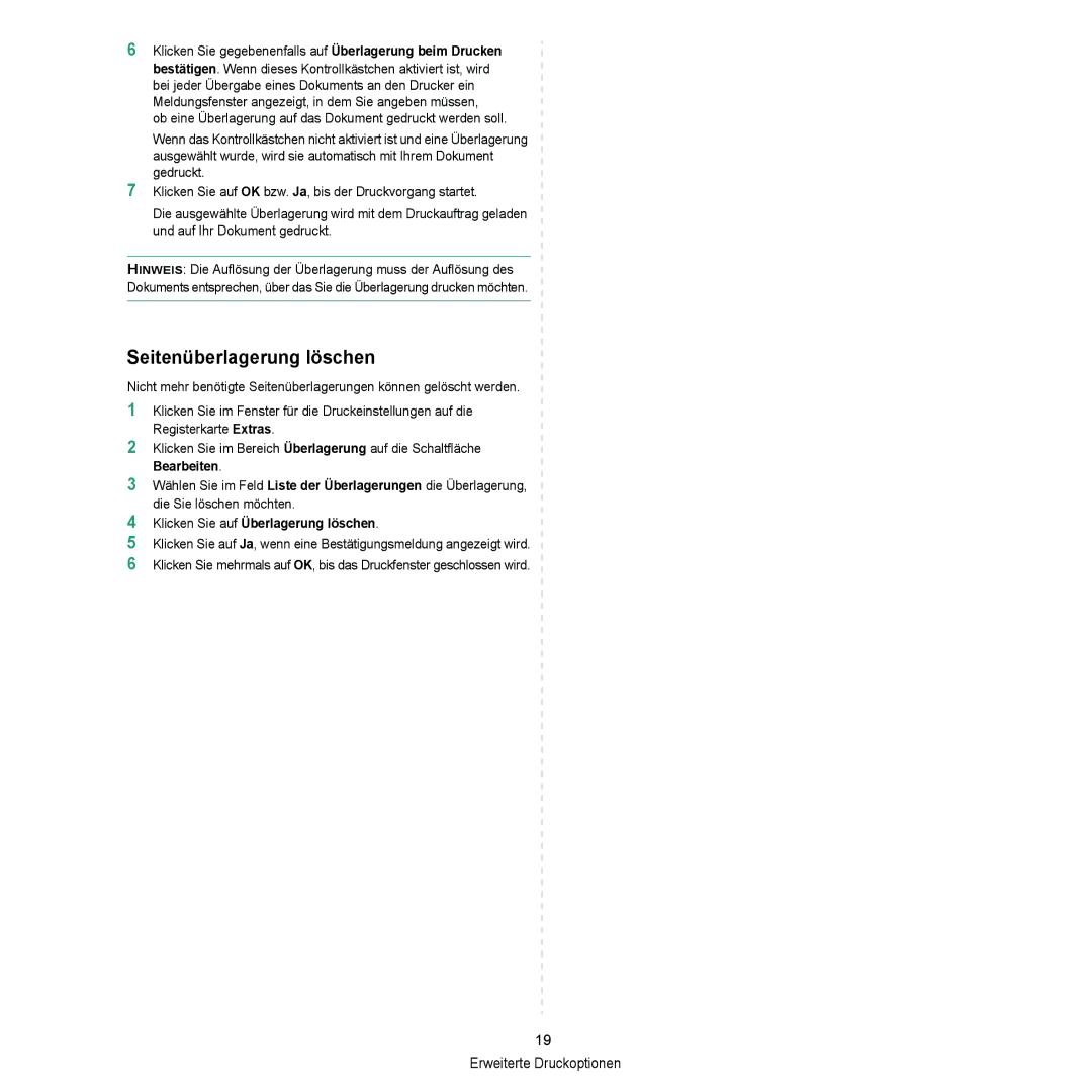 Samsung ML-2010 Series manual Seitenüberlagerung löschen 