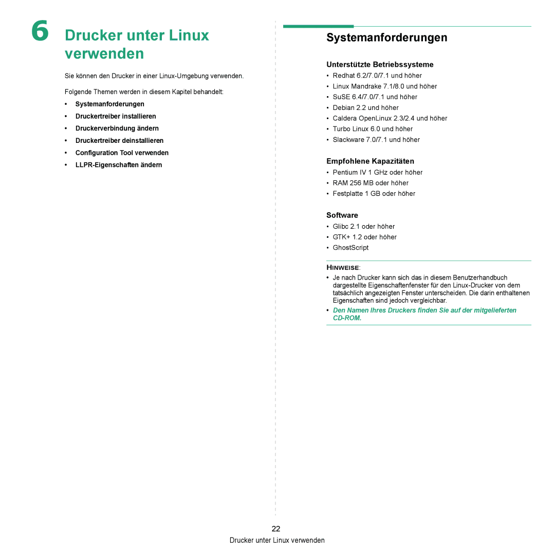 Samsung ML-2010 Series manual Systemanforderungen, Unterstützte Betriebssysteme, Empfohlene Kapazitäten, Software 