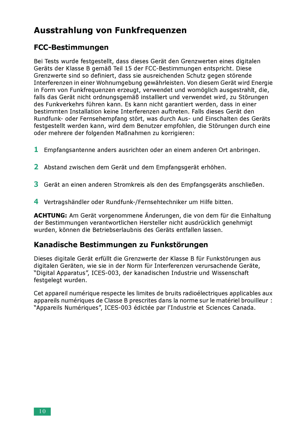 Samsung ML-2010 Series manual Ausstrahlung von Funkfrequenzen 